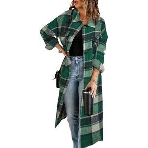 Women's Casual Lapel Button Down Long Plaid Shirts Coat Tartan Shacket Jacket